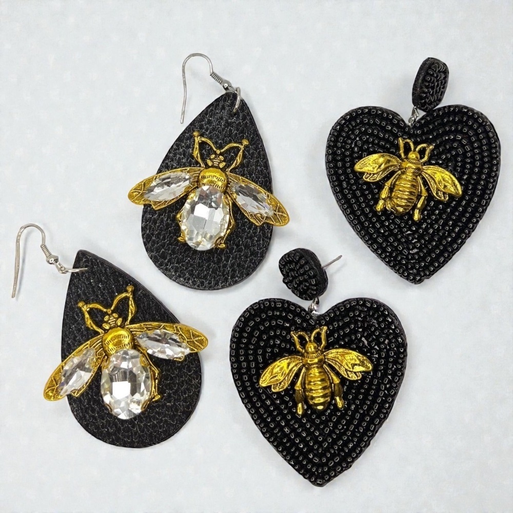 Rhinestone Bee Earrings | Black & Gold Bumblebee Statement Jewelry | Honeybee